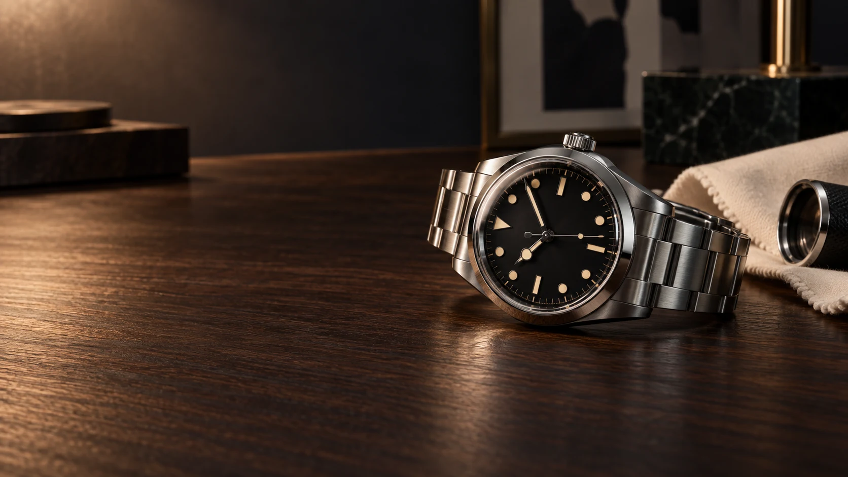 A high-end watch resting on a dark walnut table