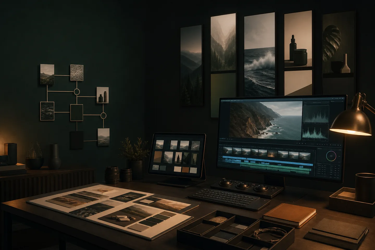 Dark evergreen creative studio with editing monitor, vertical footage frames, workflow nodes, and production materials