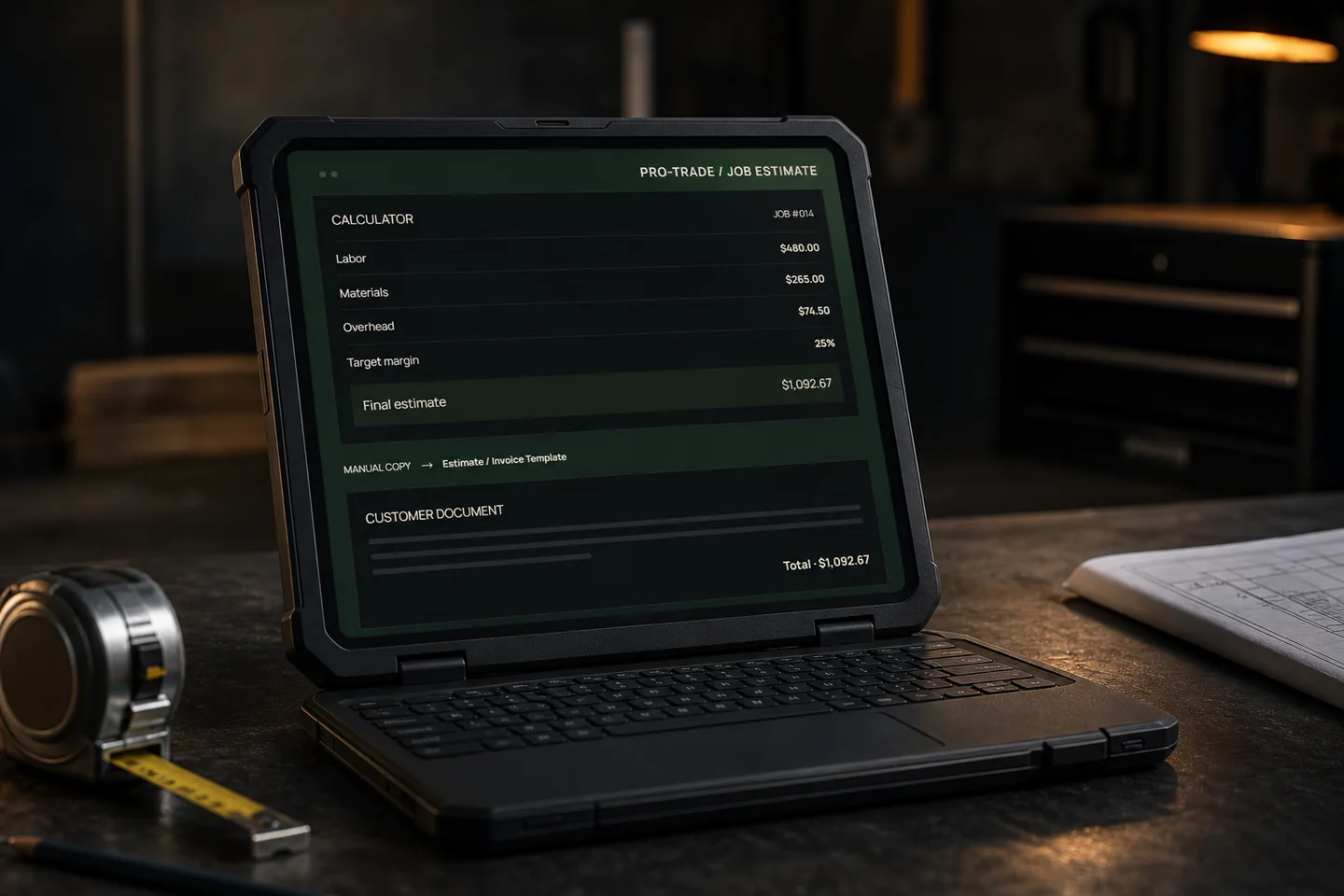 Rugged laptop on a refined contractor workbench displaying the Pro-Trade estimate and invoice workflow