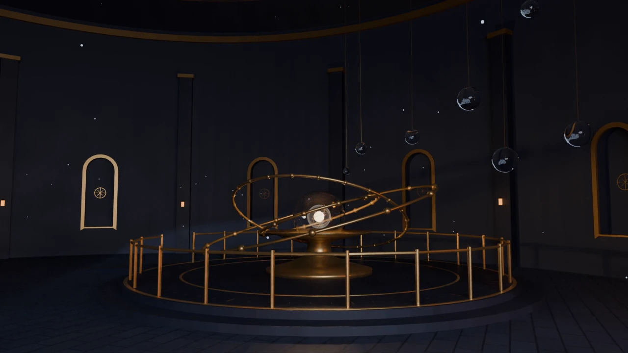A gold orrery stands on a circular platform inside a dark planetarium, framed by a curved railing, arched wall recesses, and suspended spheres.