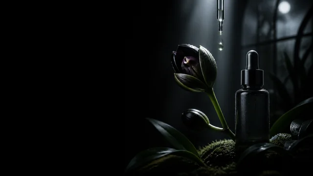 Black orchid beside a dark serum bottle