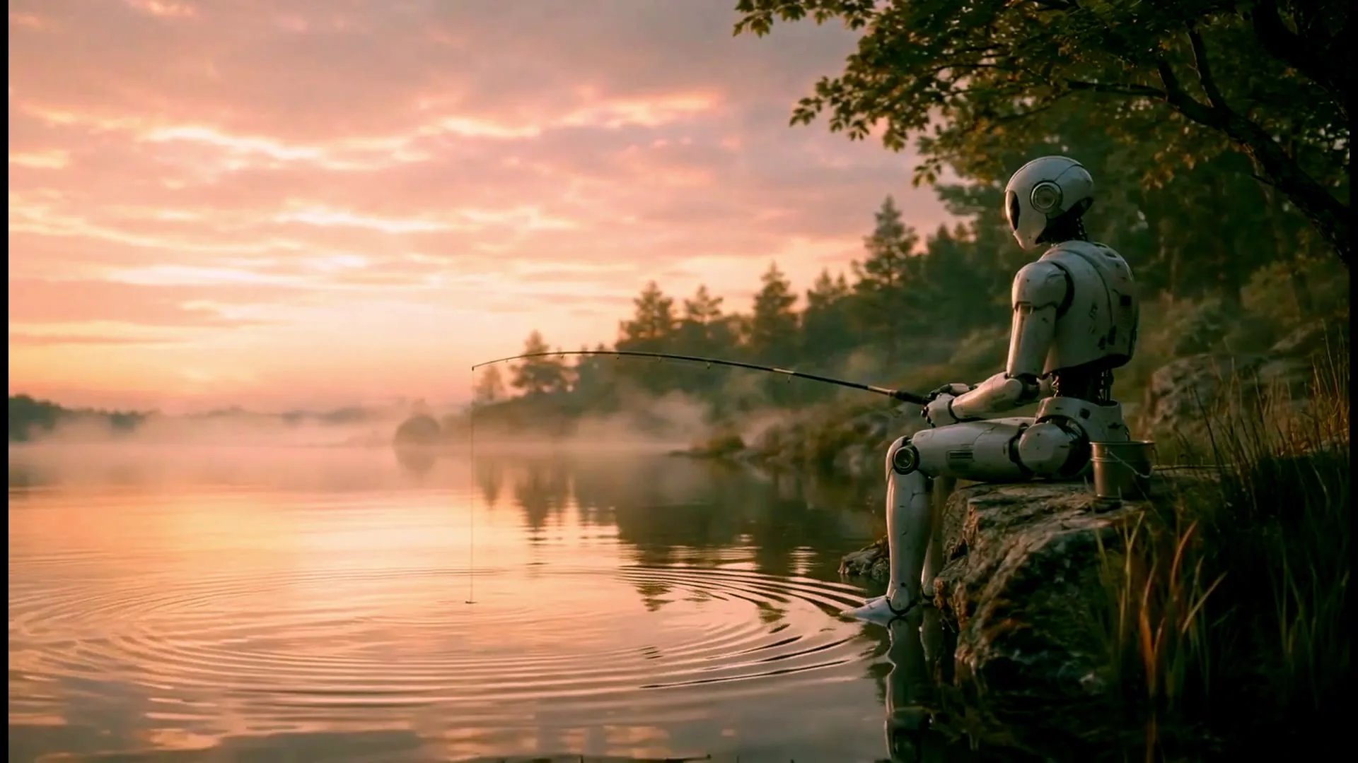 A refined humanoid robot fishing beside a misty lake at dusk