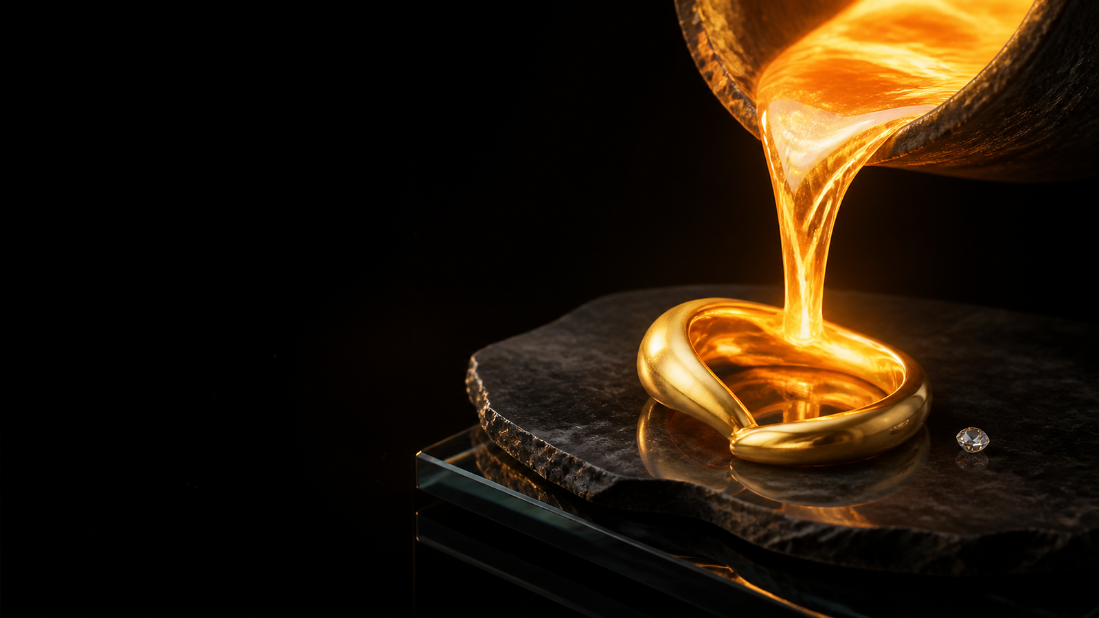 Molten gold forming a ring on a black marble plinth